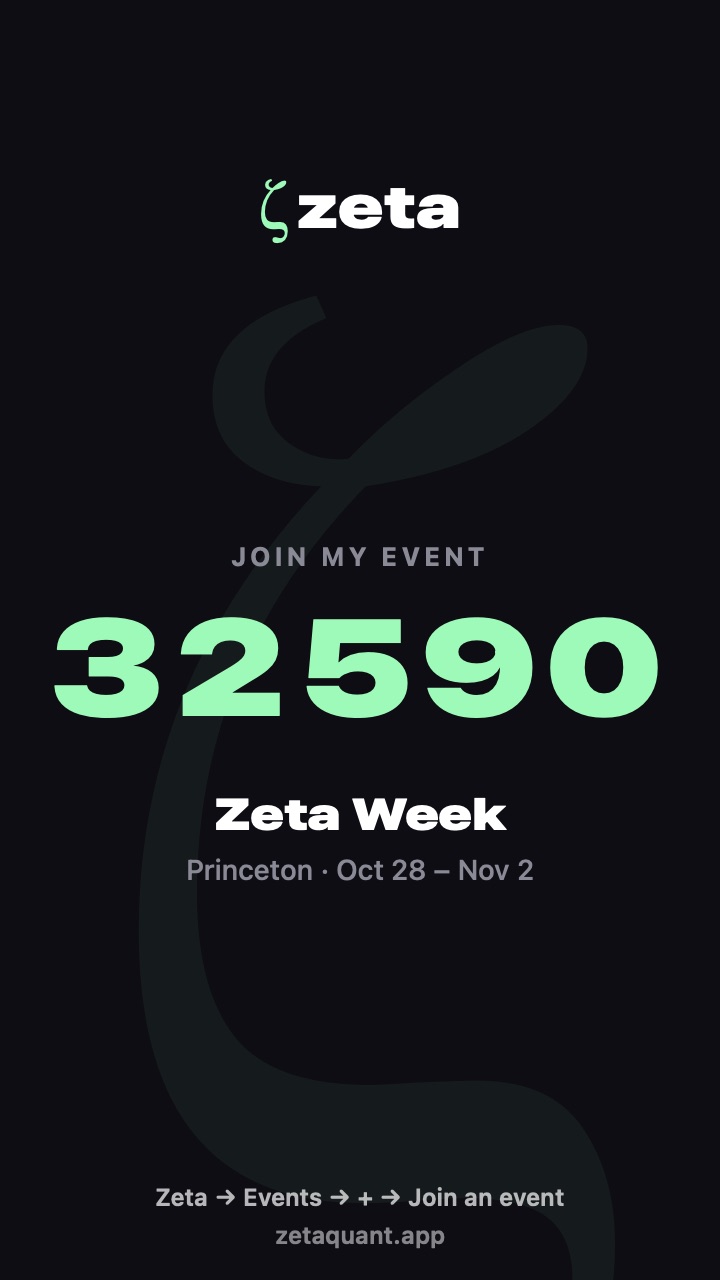 A Zeta event card with code 32590 for Zeta Week, Princeton, Oct 28 to Nov 2.